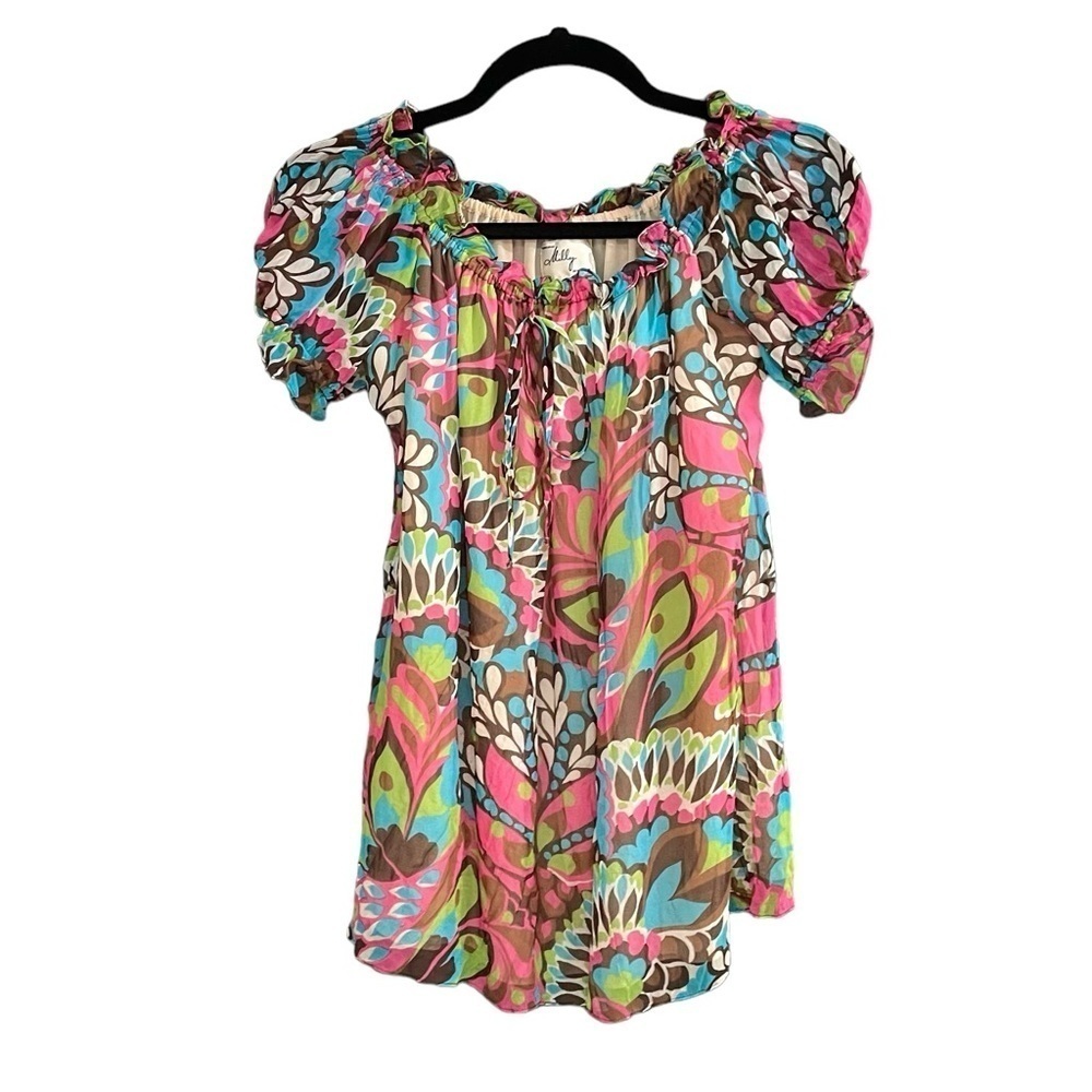 MILLY of NEW YORK Silk Short Sleeve Multicoloured Scoop Neck Blouse 6